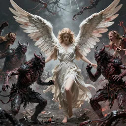 a beautiful angel fighting demons in an epic battle, horror art by beksinski and szukalski and giger and and pyromallis and dzo and iris compiet and seb mckinnon and, digital art, highly detailed, intricate, sharp focus, trending on artstation hq, deviantart, pinterest, unreal engine 5, 4 k uhd image