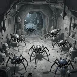 high quality illustration of an underground bunker city filled with spider mechas, in the style of ghost in the shell and blame and akira, manga, black and white, pencil, traditional art, anime, highly detailed, sharp lines, by katsuhiro otomo and tsutomu nihei and masamune shirow and studio ghibli and yukito kishiro