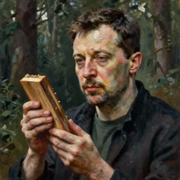 viktor orban in a forest, highly detailed face, holding a wood piece, painting by lucian freud, hd, photorealistic lighting