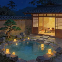 painting of night time intimate traditional onsen with floating lanterns by greg rutkowski craig mullins mucha no people cozy hot springs bonsai zen garden warm teahouse [ traditional japanese motifs ] concept art fantasy d & d soft lighting octane artstation