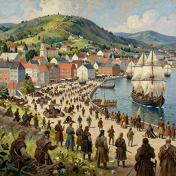 a viking viking busy capital city with a harbor and norse viking viking ships in summer, romantic nationalism, rolling hills in the background, lush vegetation, vikings, trading, volumetric lighting, ultra detailed, realistic, lost civilizations, masterpiece, 4 k, highly detailed, oil on canvas, smooth, illustration, painted by pedro subercaseaux, gude, tidemand