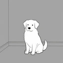 a still frame illustration, one dog sitting in an empty room, centered composition new yorker illustration, vector graphics, lineart, manga, tadanori yokoo, simplified, low details, smooth, ink, roy lichtenstein, american comics, studio ghibli, greyscale