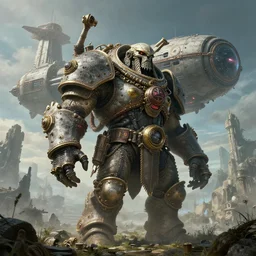 highly detailed elden ring portrait photo of a huge dieselpunk golurk. a massive spaceship in a scenic megalophobic dystopian environment in the background, hyperrealistic illustration by william didier - pouget
