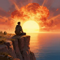 a man sitting on a cliff watching the sun explode, painting, digital art, harsh lighting, 4 k hd wallpaper, trending on art station, art by greg rutkowski and andreas rocha 4 k
