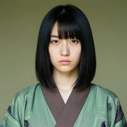 portrait of a young androgynous japanese person with straight black hair cut at chin length with straight bangs parted over their left eye, with dark eyes and a serious facial expression, wearing a yukata with green and brown 矢 羽 模 様 pattern