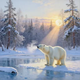 the most beautiful panoramic landscape, oil painting, where a giant dreamy lake is frozen, the trees around have snow over their leafs, a majestic polar bear is exhaling steam and the ray lights of the sunrise are brightening him, by greg rutkowski