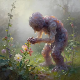 amorphous, gooey life form consuming a cottage garden in a beautiful foggy morning. oil painting, indie concept art, bloom, chiaroscuro, backlighting, intricate details, depth of field.
