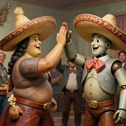 Stable Diffusion team receiving triumphant high five from happy robot wearing sombrero painted in the style of botero and also Saul Goodman is there for some reason, I don\'t know