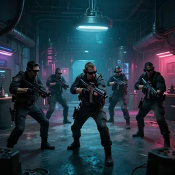 K9 squad breaking into a meth lab, futuristic, wide shot, dim colors, ambient lighting, dynamic lighting, cyperpunk art, trending on artstation, 4K, HQ