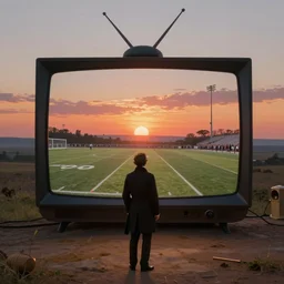 romantic painting, wide shot of a lone gentleman in 1 9 th century clothing watching an enormous television screen playing a football game in front of a shocking sunrise, highly detailed, sublime, hyperrealistic, painted by caspar david friedrich and albert bierstadt, trending on artstation 8 k