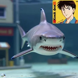 beautiful hyperrealism three point perspective film still of underwater shark chase scene in  kon-tiki meets Aliens(1988) extreme closeup portrait in style of 1990s frontiers in translucent porclein miniature street photography seinen manga fashion edition, miniature porcelain model, focus on face, eye contact, tilt shift style scene background, soft lighting, Kodak Portra 400, cinematic style, telephoto