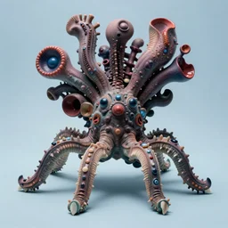 an exotic large sea creature with weird organs, plain light blue background, dslr, fine details, soft light, in the style of nick cave and kusama