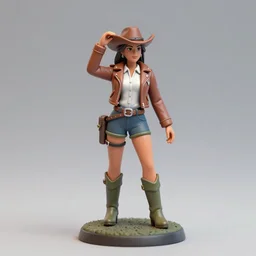 80mm resin detailed miniature of a cow-girl, Short brown leather jacket, white shirts, hot-pants, ten-gallon hat, over-knee boots, olive thigh skin, Standing with legs open on textured disc base; Miniature product Introduction Photos, Logo, 4K, Full body; Front view