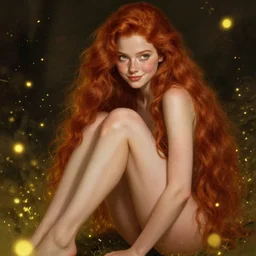 a highly detailed, hyper realistic, full body gorgeous portrait of a red haired young woman, among golden fireflies, with long legs and arms, long hair, green eyes, hint of freckles, round gentle face, cheeky smile, deep focus, elegant, digital painting, smooth, sharp focus, golden ratio, illustration, ultra realistic, 8 k, art by artgerm and caravaggio