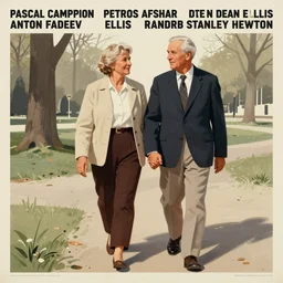 front - view of an elder couple holding hands while walking in the park. advertising poster, limited neutral palette, by pascal campion, petros afshar, anton fadeev, dean ellis, randolph stanley hewton, beautiful graphic, propaganda poster art 1 9 7 0 s illustrated advertising art, painterly design