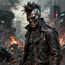 a high hyper detailed painting with many textures and of a rebellious and punk humanoid cyborg p with leather jacket has expressions of anger and hate and wants to destroy the city of pollution and pollution, cyber punk dystopian art
