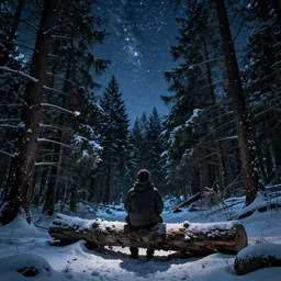 survival in a winter forest, cinematic, cold tone, guy sitting down on log, night, stars