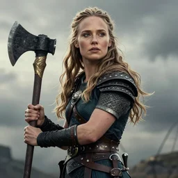 gorgeous!! hyper - realistic woman resembling alicia vikander as a viking warrior wielding a giant axe