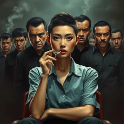 wide full shot of buzz cut hair asian female sitting and smoking, group of males standing behind her with angry faces, diffuse lighting, propaganda art, highly detailed, lifelike, photorealistic, digital painting, artstation, illustration, concept art, smooth, sharp focus, art by john collier and albert aublet and krenz cushart and artem demura and alphonse mucha