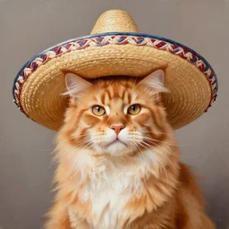 Beautiful Oil painting of an orange Maine-coon with a white beard. wearing a wide-brimmed straw sombrero sombrero