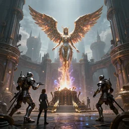 visually stunning, cinematic, ultra realistic, hyper realism, 1 2 k, epic, octane render, unreal engine, vfx, maya, aether spouts : magicpunk seraphim statue knight, gathering at the gallows at the courtyard of a robust dieselpunk futuristic fantasy castle : dieselpunk creature, by nadezda and david stoupakis