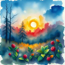 small centered on watercolor paper, paint brush strokes, abstract watercolor painting of raspberry night at swedish bog, spring and autumn, sharp lighting, cinematic light, american romanticism by hans dahl, by jesper ejsing, by anders zorn, by greg rutkowski, by greg manchess, by tyler edlin