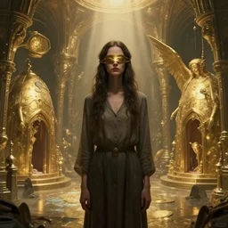eyeless watcher, dutiful return, golden age seraph bunkers, art by Marc Simonetti and Leonora Carrington, high detail, cinematic, cgsociety 8k