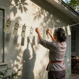 a photograph of a house wife hanging dollar bills on a clothesline