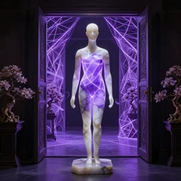 beautiful mannequin sculpted out of onyx by billelis + lit with geometric neon printed lavender kintsugi!!! + doorway opening to a new dimension with geometric fractal vaporwave light + flowering bonsai trees!!!!, transcendent, clean linework, dramatic, moody, finely detailed, 4 k, trending on artstation, award winning, photorealistic, volumetric lighting, octane render