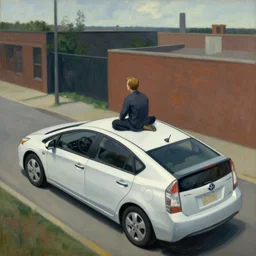 larry david sitting on roof of 2 0 0 9 prius from above, edward hopper painting