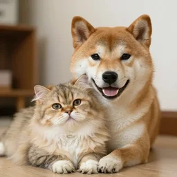 photo of a shiba inu hugging a persian cat, 35mm, f2