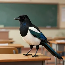 faerie magpie in a classroom. this matte painting by the award - winning concept artist has a beautiful composition, dramatic lighting and intricate details.