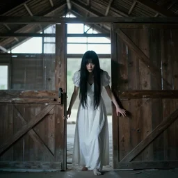 james wan. composition : full shot. style : digital art ; concept ; mysterious ; 4 k. scenery : the inside of a modern barn. subject : a young woman with long black hair wearing a white dress. action : the woman is hiding in the shadows, menacingly.