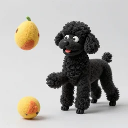 a black poodle dog as a muppet playing fetch. highly detailed felt. hyper real photo. 4 k.