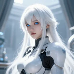 perfect white haired girl, warframe armor, beautiful, dreamy, pretty face, blue eyes, portrait, bright light, scifi, utopian architecture in the background, laboratory, 4 k, high definition, ultra realistic, aura of light, cinematic, extreme details, focused, masterpiece, art by akihito tsukushi, akasuki brightmind
