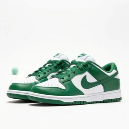 a press photograph of nike dunk low pine green and white, size 1 0, white background