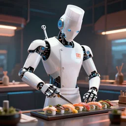 sushi robot chef, cyberpunk style, artistic, octane render