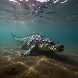 underwater photo of Loch Ness Monster, 35mm wide, murky water, hyperrealistic