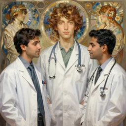 Anxious good looking pale young Indian doctors talking, portrait, elegant, intricate, digital painting, artstation, concept art, smooth, sharp focus, illustration, art by artgerm and greg rutkowski and alphonse mucha