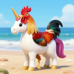 a photo of a rooster standing on a unicorn at the beach, detailed, vibrant, magical, realism, rainbow, sunset, clear, 8k, hd, award winning image