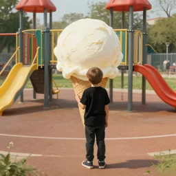 boy with ice cream in the playground, big ice cream ball, black clothes, away from the camera, full body, in leyendecker painting style s - 2 0