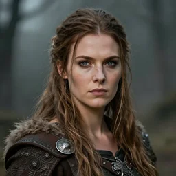 head and shoulders portrait of a barbarian, female, high fantasy, d & d