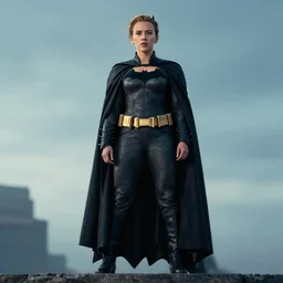 scarlett johansson's batman, full pose, with cape, cape, cape, full length body shot, in a serene foreground, in a serene background