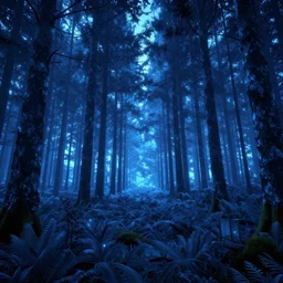 blue forest, glowing, unreal engine 5, raytracing, shader, digital art, highly detailed, artstation, octane render