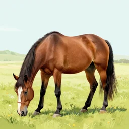 A horse grazing in a field, color screenprint