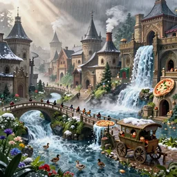medieval city raining pizzas, ornate, beautiful, atmosphere, vibe, mist, smoke, chimney, rain, well, wet, pristine, puddles, waterfall, melting, dripping, snow, ducks, creek, lush, ice, bridge, cart, forest, flowers, concept art illustration, color page, 4 k, tone mapping, akihiko yoshida, james jean, andrei riabovitchev, marc simonetti, yoshitaka amano, digital illustration, greg rutowski, volumetric lighting, sunbeams, particles, trending on artstation
