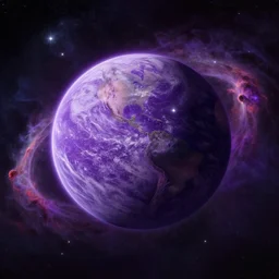 a detailed matte painting of a marble - like water planet orbiting a large purple sun in a sea of stars surrounded by colorful swirling gas clouds, by alena aenami, petros afshar and greg rutkowski trending on artstation, deviantart, planet, clouds, earth, exoplanet, stars, nubulae hubble, 8 k, 4 k