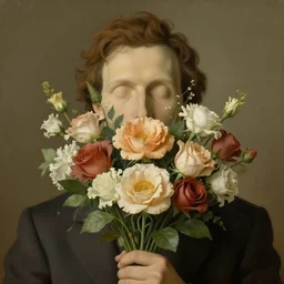 portrait of a man, face hidden by beautiful flower bouquet, by rene magritte, detailed painting, hd, hq, high resolution, high detail, 4 k, 8 k