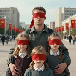 cinematic close up artwork of an innocent family standing blindfolded in a town square surrounded by soviet flags and brutalist buildings by greg rutowski, 4 k, masterpiece