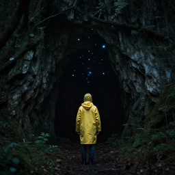 many small blue glowing fragments floating towards a cave entrance in the woods, young man with yellow raincoat, 8 k, award - winning, hyperdetailed, mysterious, eerie, spooky, low light